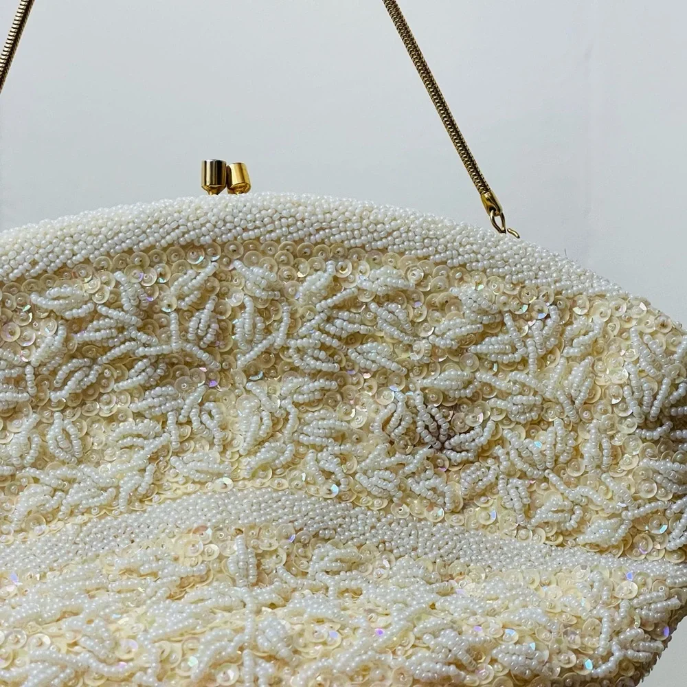 Vintage 60s White Beaded Clutch with Gold Tone Clasp